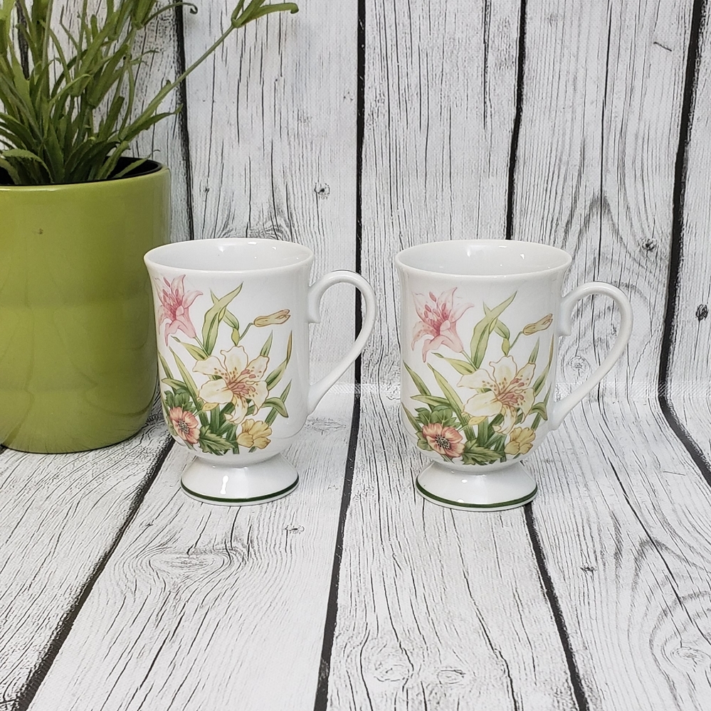 2 Shafford Fine Porcelain Jade Lily Pedestal Mugs